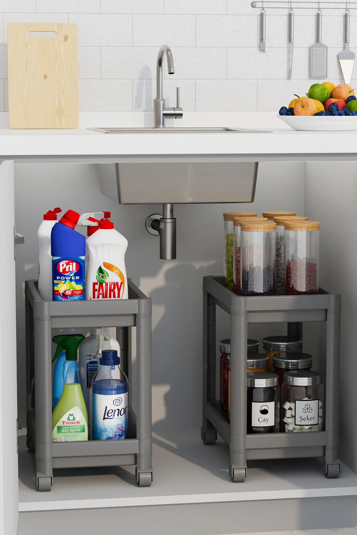 Mutfak Köşesi 2 Katlı Tekerlekli Düzenleyici, Banyo Rafı, Mutfak Tezgah Ve Evye Altı, Deterjanlık Raf Gri - Kullanıcı yorumları
